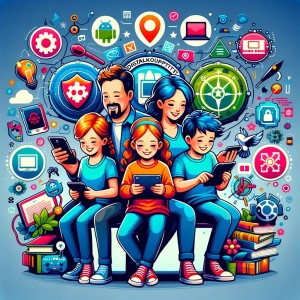 Ein mit KI erzeugtes Bild zeigt eine 5 köpfige Familie mit handheld Geräten und vielen "Internet-Symbolen"