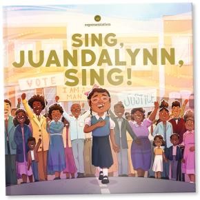 Sing, Juandalynn, sing! Cover des Buchs, eine Comiczeichnung, ein singendes Mädchenim Hintergrund seine Gruppe von Menschen